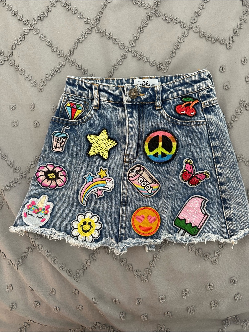 Lola + The Boys Denim A-Line Skirt with Colorful Patchwork - Picture 4 of 5